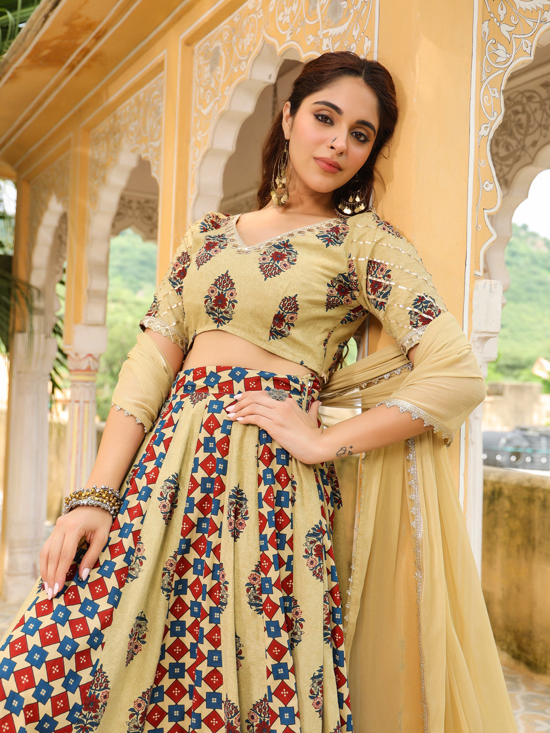 Janasya Beige Cambric Ethnic Motifs Lehenga Choli Dupatta