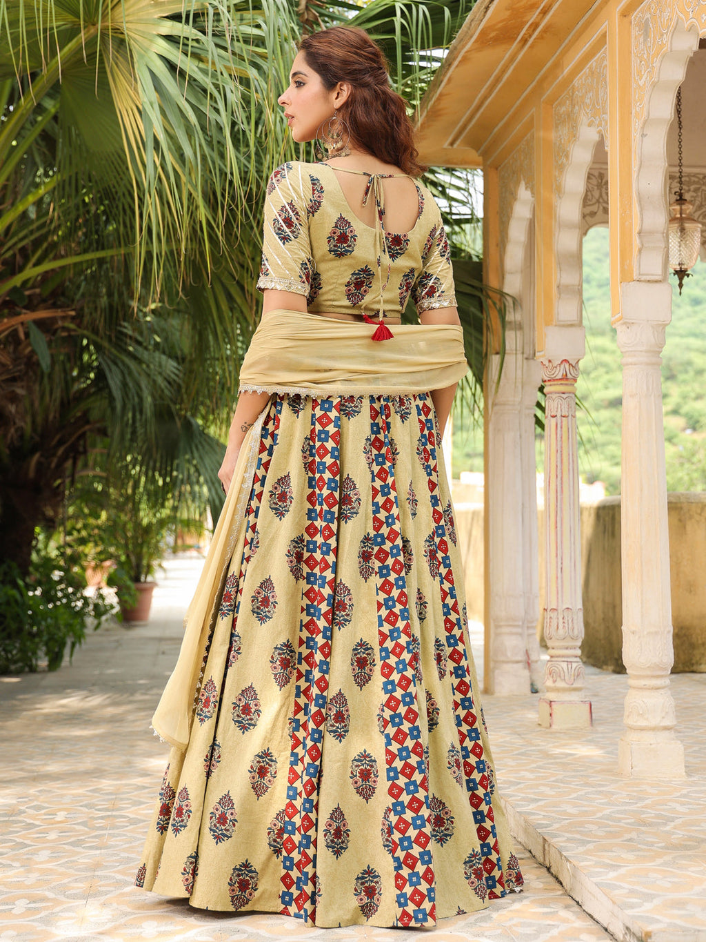 Janasya Beige Cambric Ethnic Motifs Lehenga Choli Dupatta