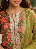 Janasya Olive Velvet Floral Set