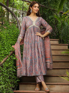 Janasya Grey Chiffon Ethnic Motifs Set