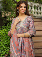 Janasya Grey Chiffon Ethnic Motifs Set