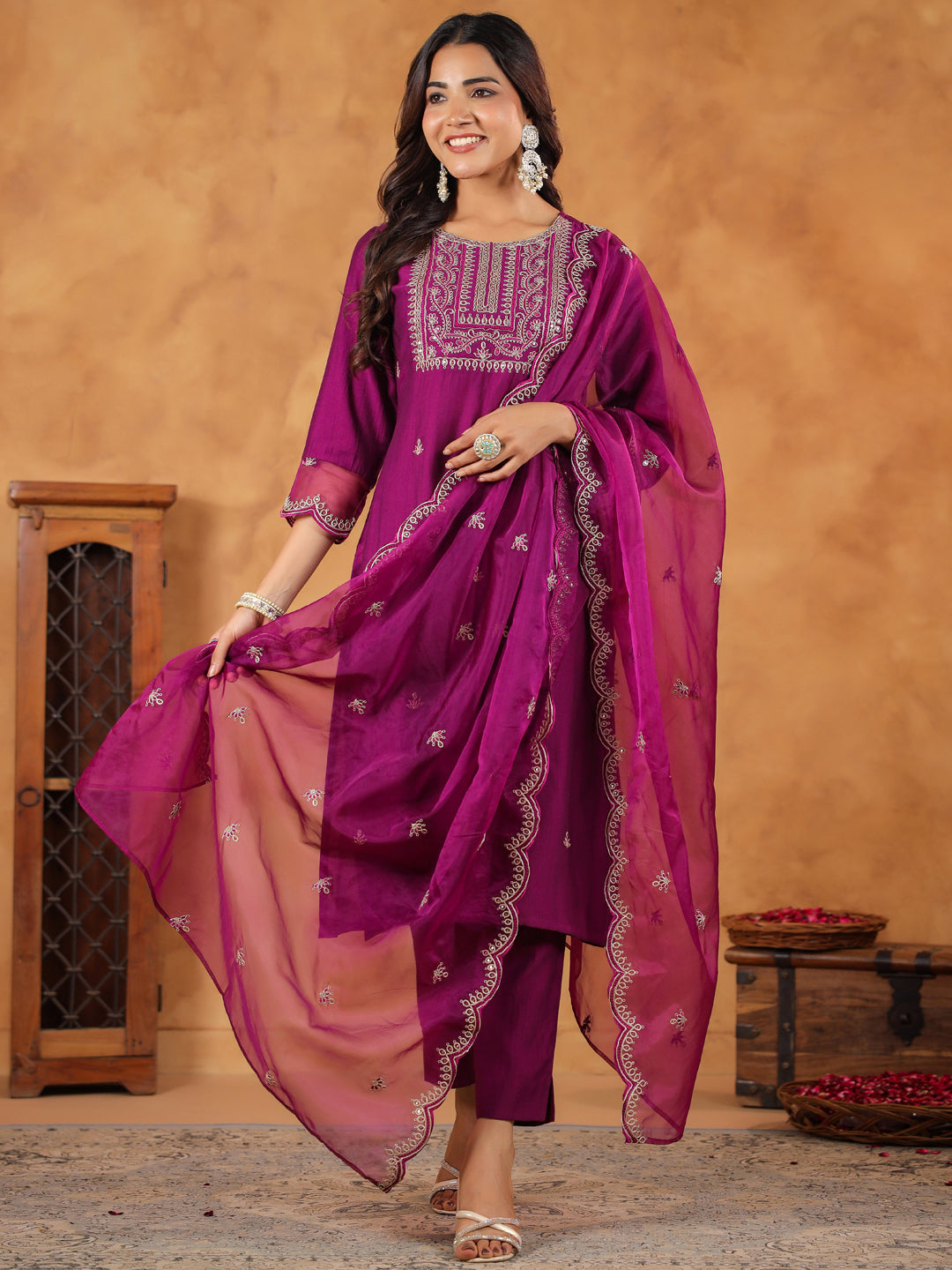 Janasya Purple Premium Chinnon Embroidered Kurta,Bottom & Dupatta