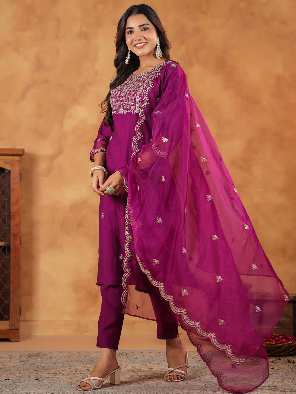 Janasya Purple Premium Chinnon Embroidered Kurta,Bottom & Dupatta