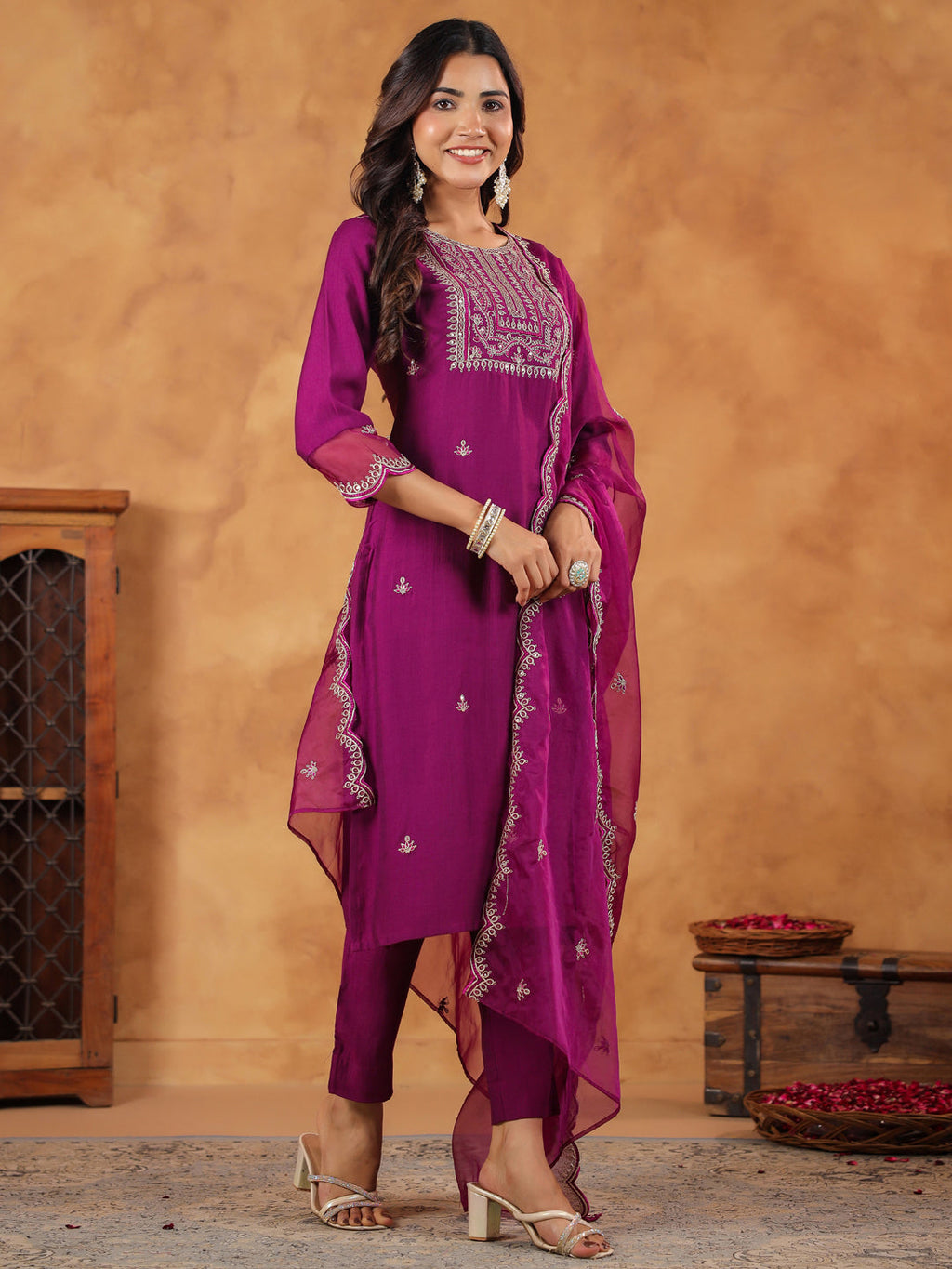 Janasya Purple Premium Chinnon Embroidered Kurta,Bottom & Dupatta