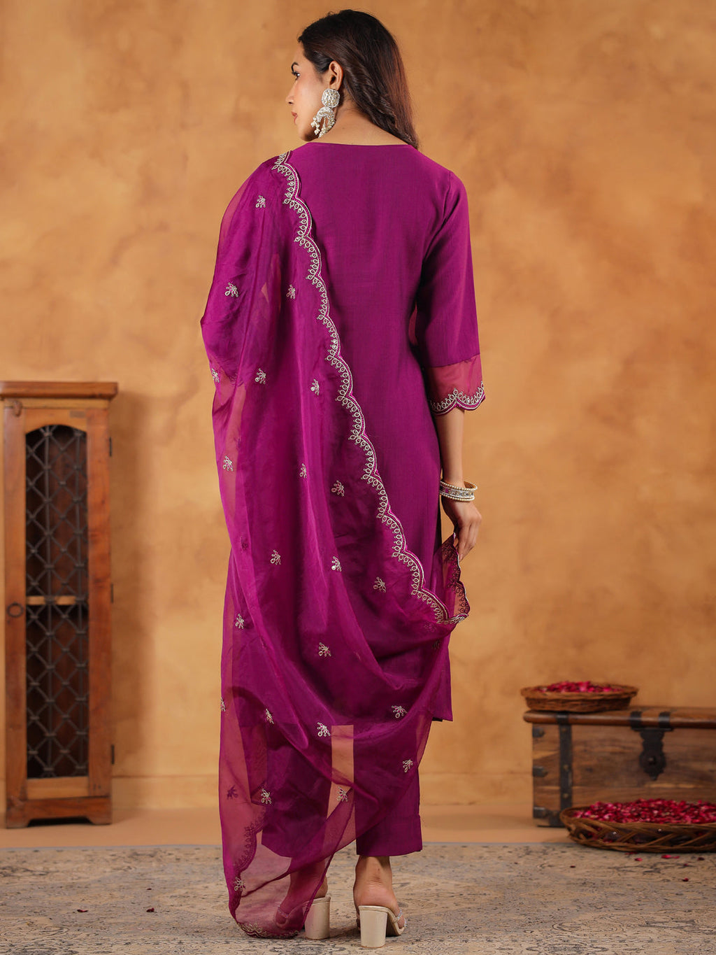 Janasya Purple Premium Chinnon Embroidered Kurta,Bottom & Dupatta