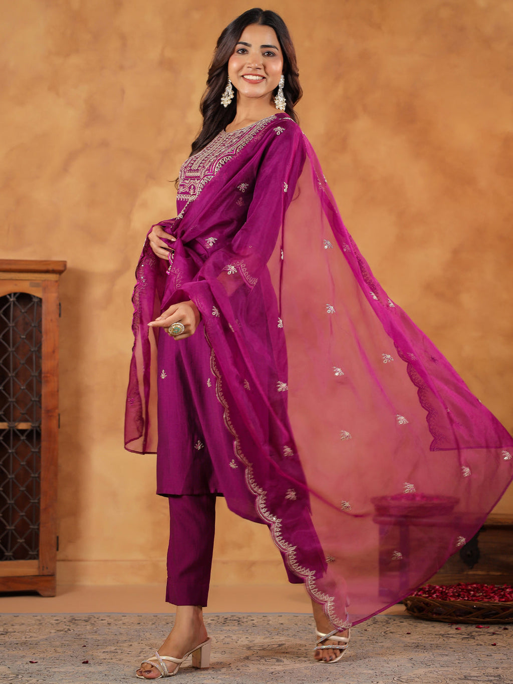 Janasya Purple Premium Chinnon Embroidered Kurta,Bottom & Dupatta