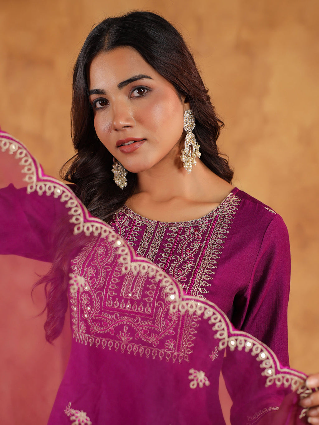Janasya Purple Premium Chinnon Embroidered Kurta,Bottom & Dupatta