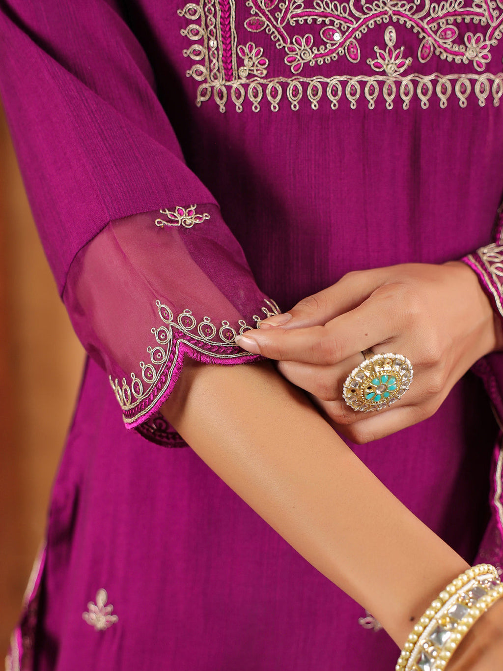 Janasya Purple Premium Chinnon Embroidered Kurta,Bottom & Dupatta