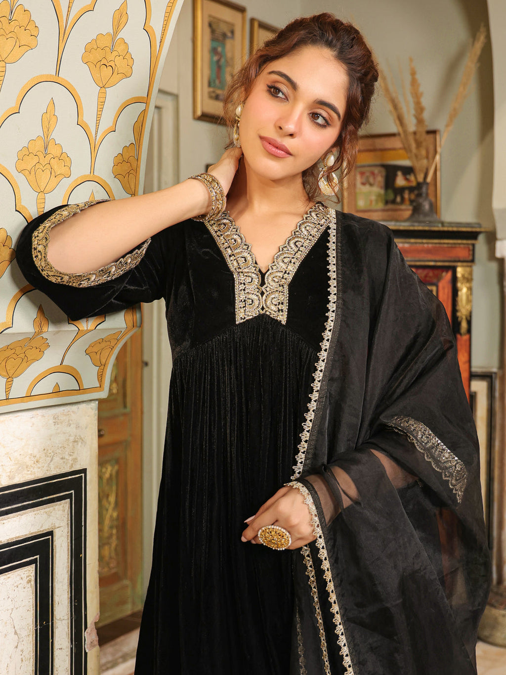 Janasya Black Velvet Embroidered Kurta,Bottom & Dupatta