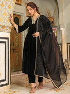 Janasya Black Velvet Embroidered Kurta,Bottom & Dupatta
