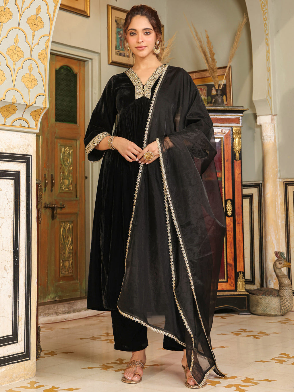 Janasya Black Velvet Embroidered Kurta,Bottom & Dupatta