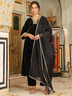Janasya Black Velvet Embroidered Kurta,Bottom & Dupatta