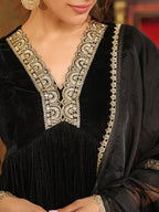 Janasya Black Velvet Embroidered Kurta,Bottom & Dupatta