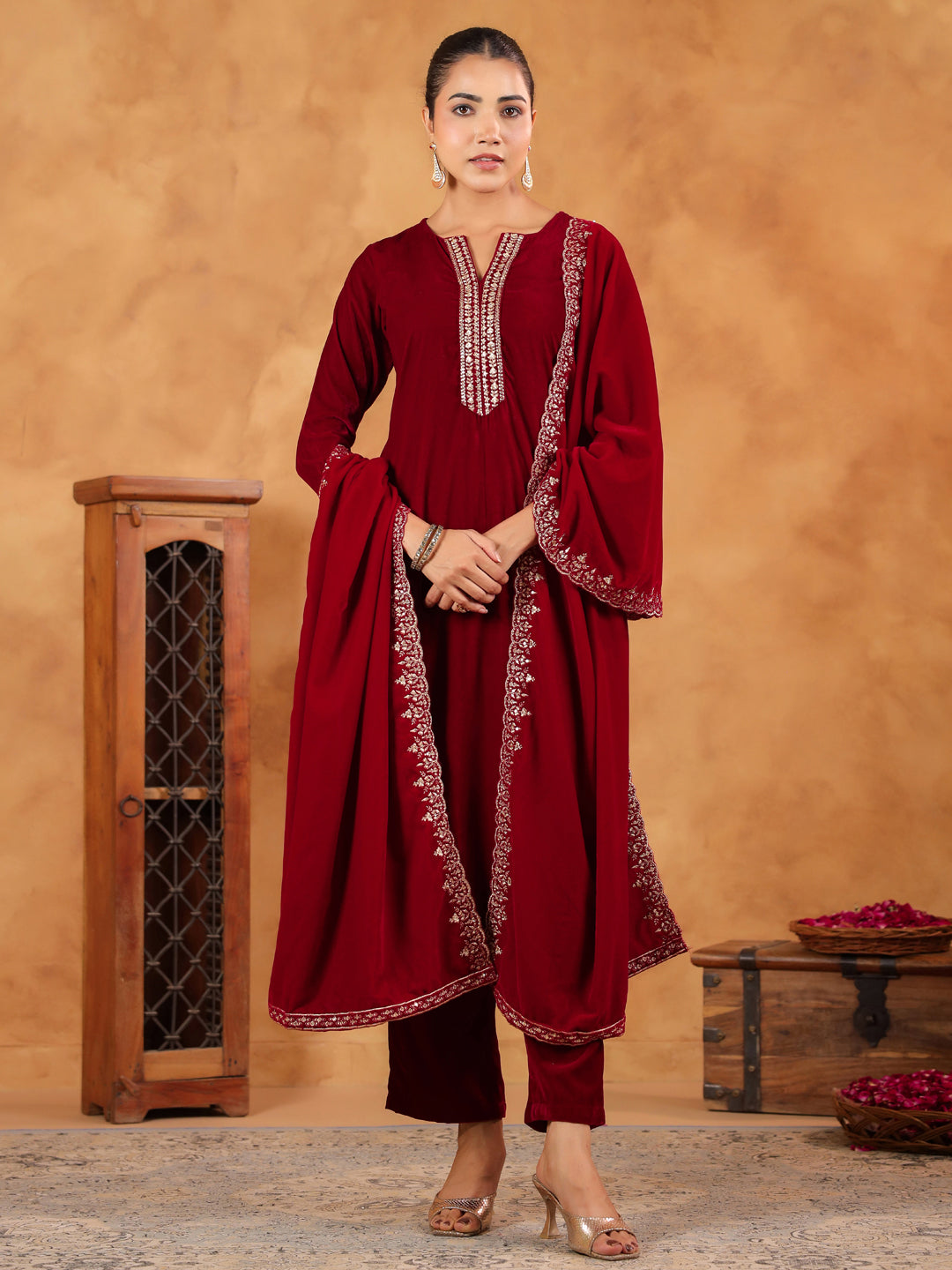 Janasya Maroon Velvet Embroidered Kurta,Bottom & Dupatta