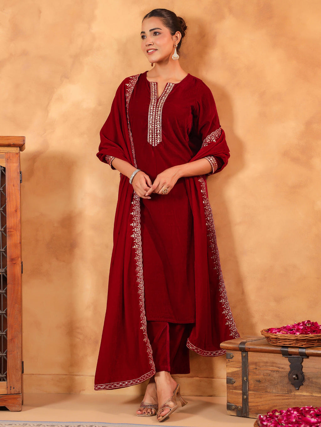 Janasya Maroon Velvet Embroidered Kurta,Bottom & Dupatta