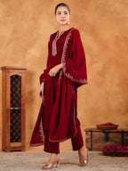 Janasya Maroon Velvet Embroidered Kurta,Bottom & Dupatta