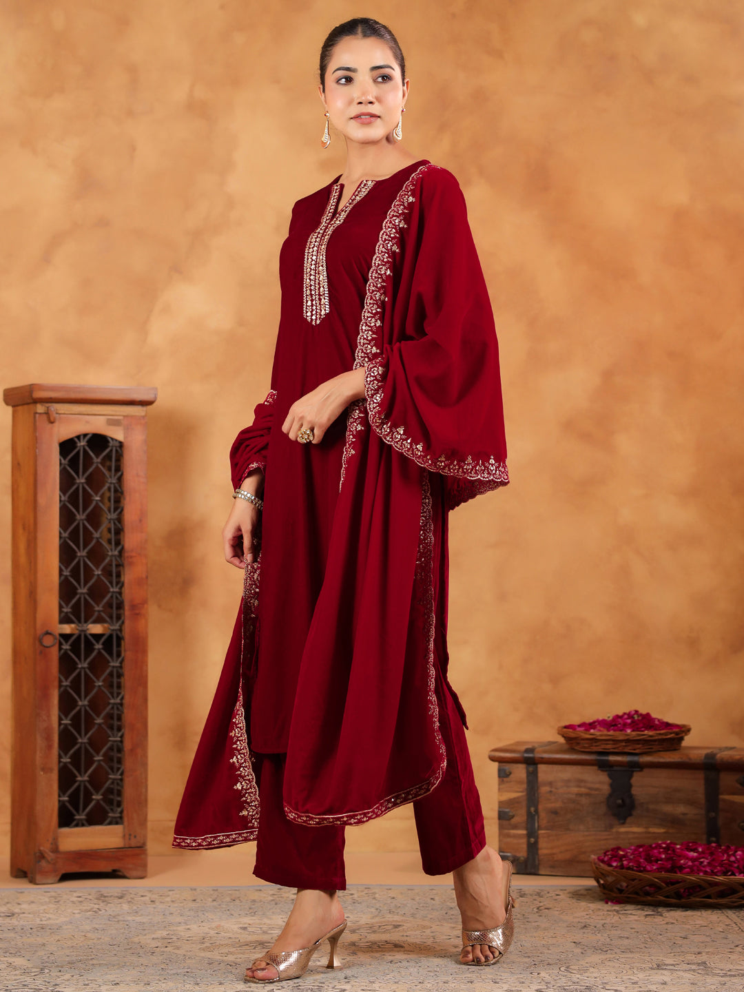 Janasya Maroon Velvet Embroidered Kurta,Bottom & Dupatta
