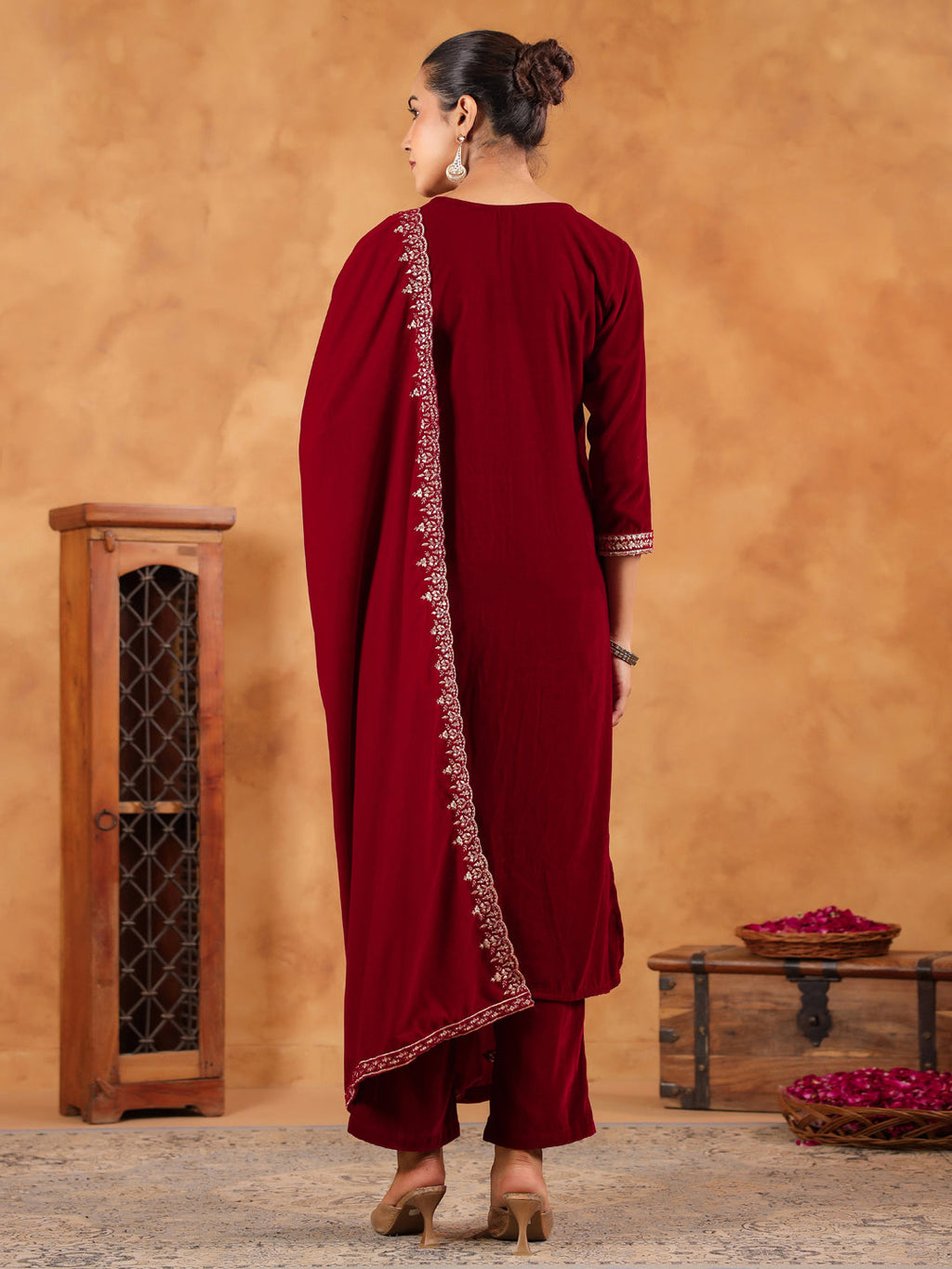Janasya Maroon Velvet Embroidered Kurta,Bottom & Dupatta