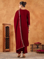 Janasya Maroon Velvet Embroidered Kurta,Bottom & Dupatta