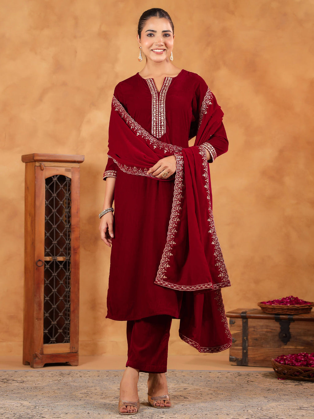 Janasya Maroon Velvet Embroidered Kurta,Bottom & Dupatta