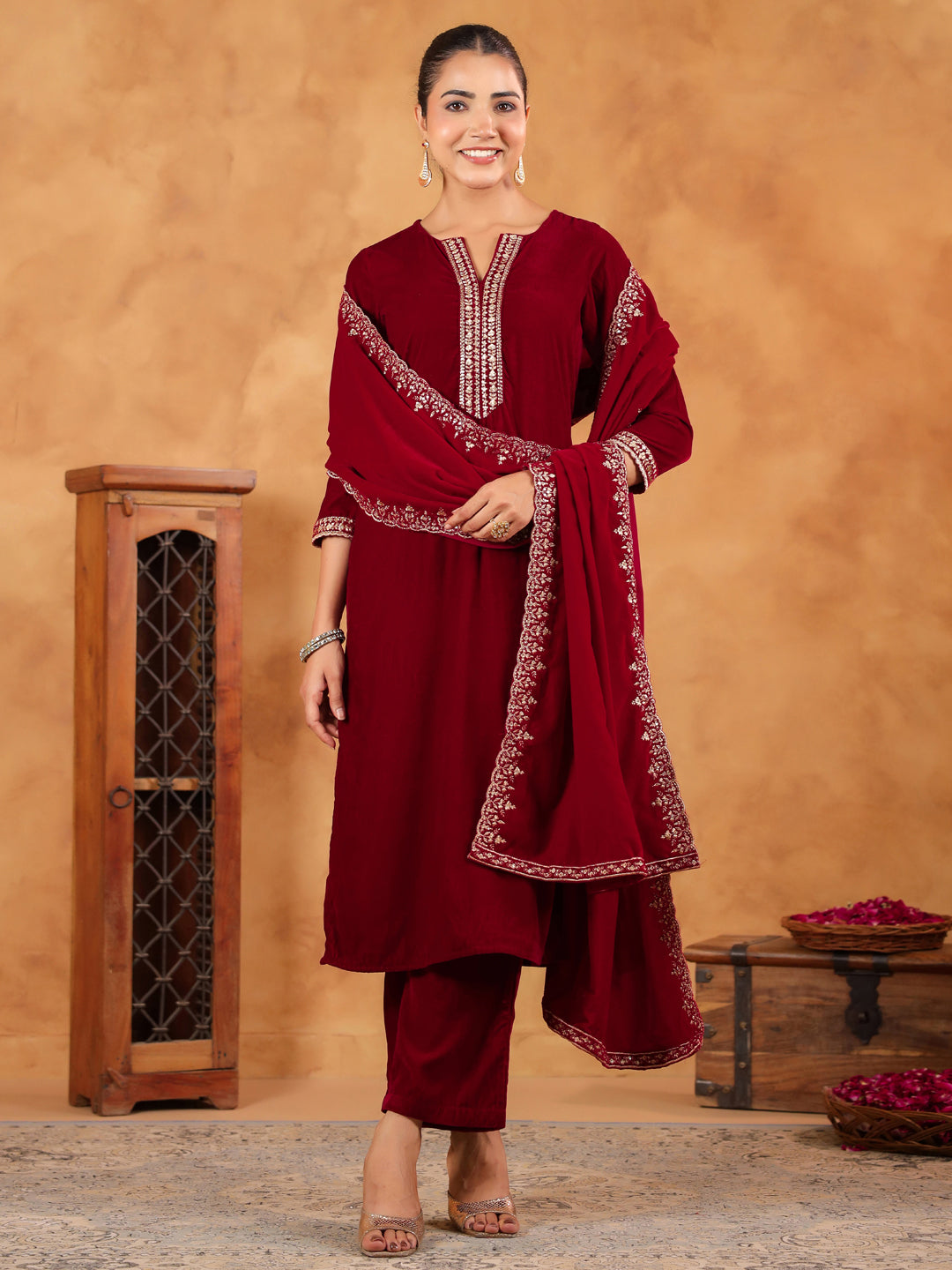 Janasya Maroon Velvet Embroidered Kurta,Bottom & Dupatta