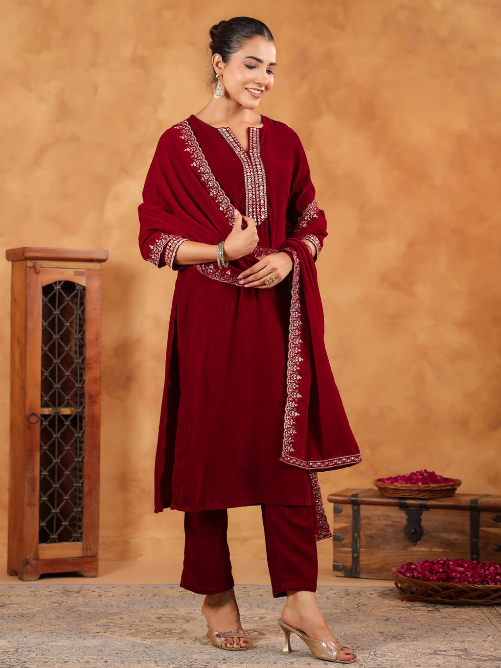 Janasya Maroon Velvet Embroidered Kurta,Bottom & Dupatta