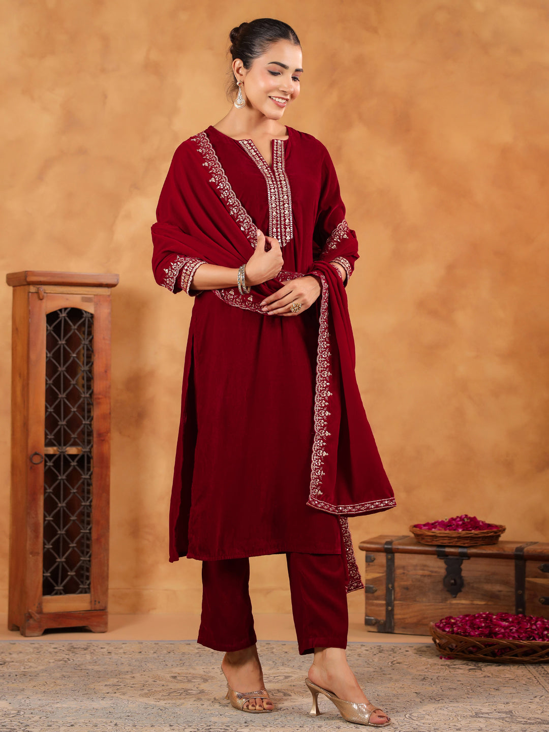 Janasya Maroon Velvet Embroidered Kurta,Bottom & Dupatta