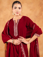 Janasya Maroon Velvet Embroidered Kurta,Bottom & Dupatta