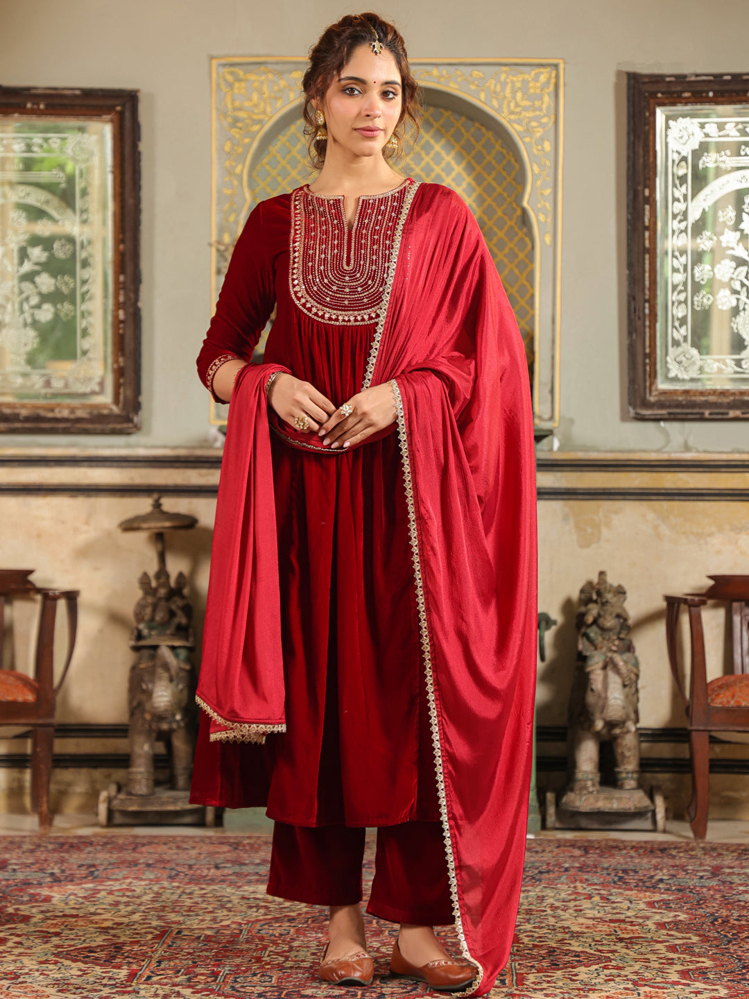 Janasya Maroon Velvet Embroidered Kurta,Bottom & Dupatta