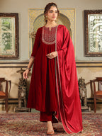 Janasya Maroon Velvet Embroidered Kurta,Bottom & Dupatta