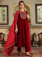 Janasya Maroon Velvet Embroidered Kurta,Bottom & Dupatta