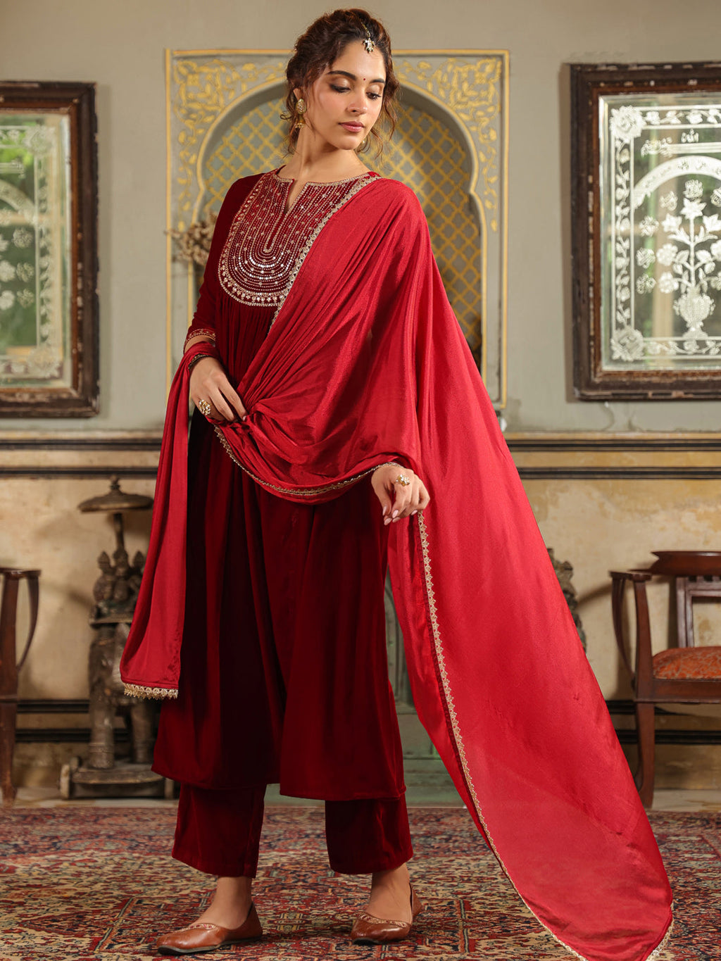 Janasya Maroon Velvet Embroidered Kurta,Bottom & Dupatta
