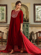 Janasya Maroon Velvet Embroidered Kurta,Bottom & Dupatta