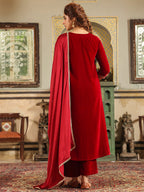 Janasya Maroon Velvet Embroidered Kurta,Bottom & Dupatta