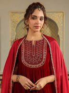 Janasya Maroon Velvet Embroidered Kurta,Bottom & Dupatta
