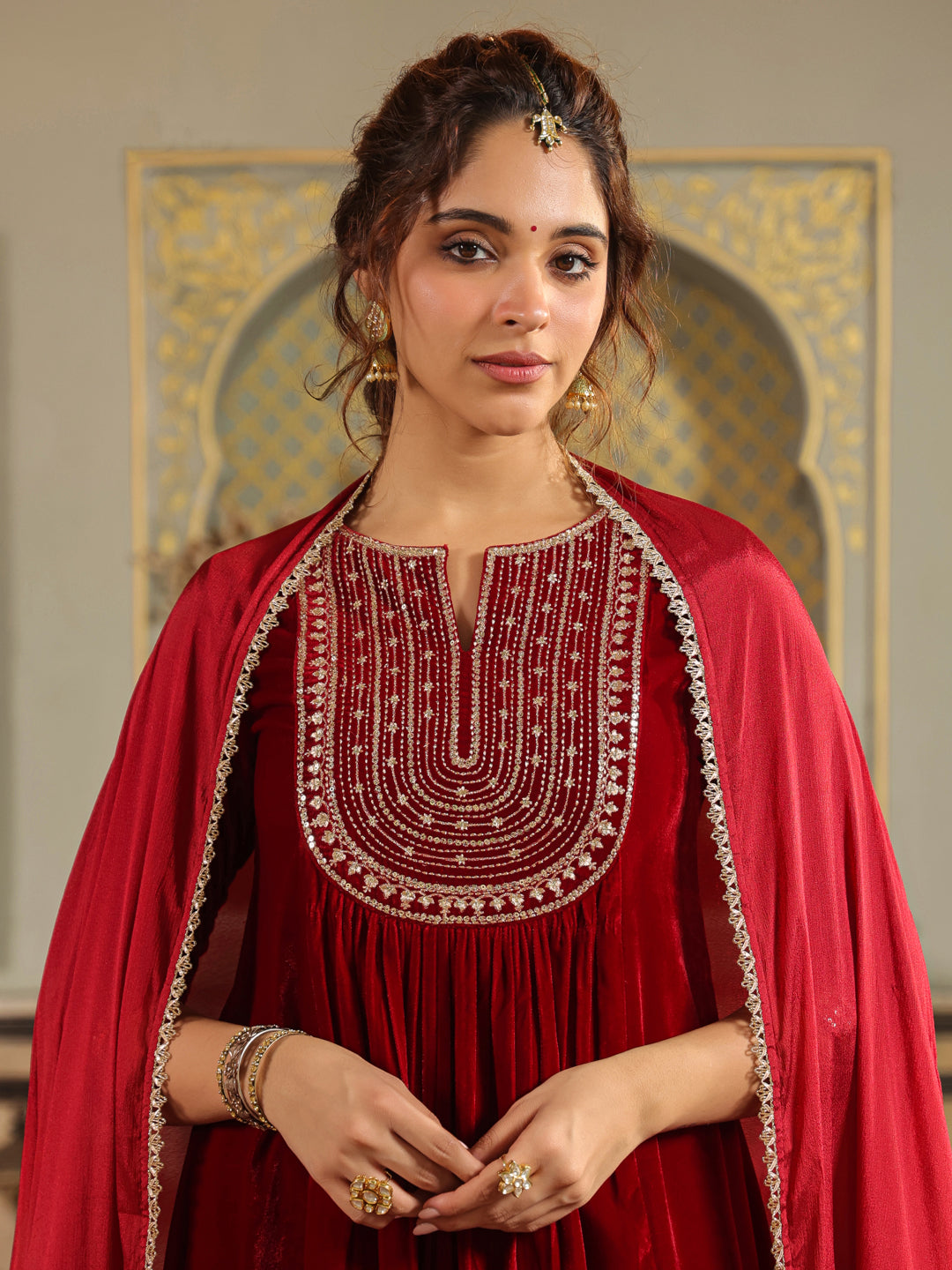 Janasya Maroon Velvet Embroidered Kurta,Bottom & Dupatta
