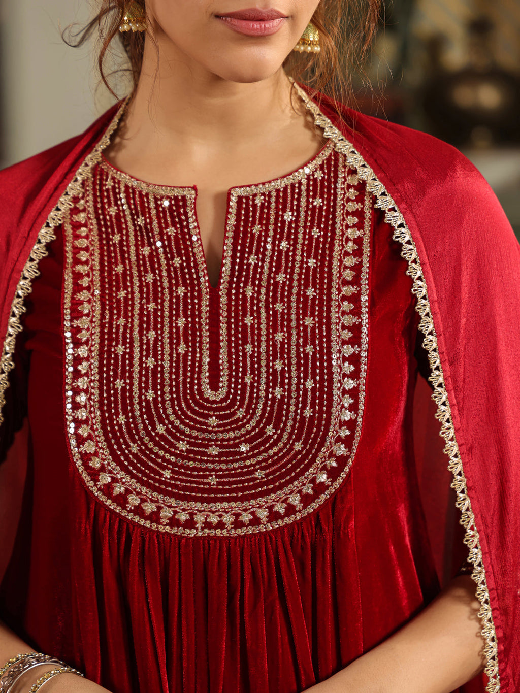 Janasya Maroon Velvet Embroidered Kurta,Bottom & Dupatta