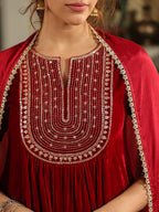 Janasya Maroon Velvet Embroidered Kurta,Bottom & Dupatta