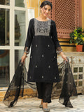 Janasya Black Premium Chinnon Embroidered Kurta,Bottom & Dupatta