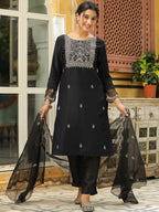 Janasya Black Premium Chinnon Embroidered Kurta,Bottom & Dupatta