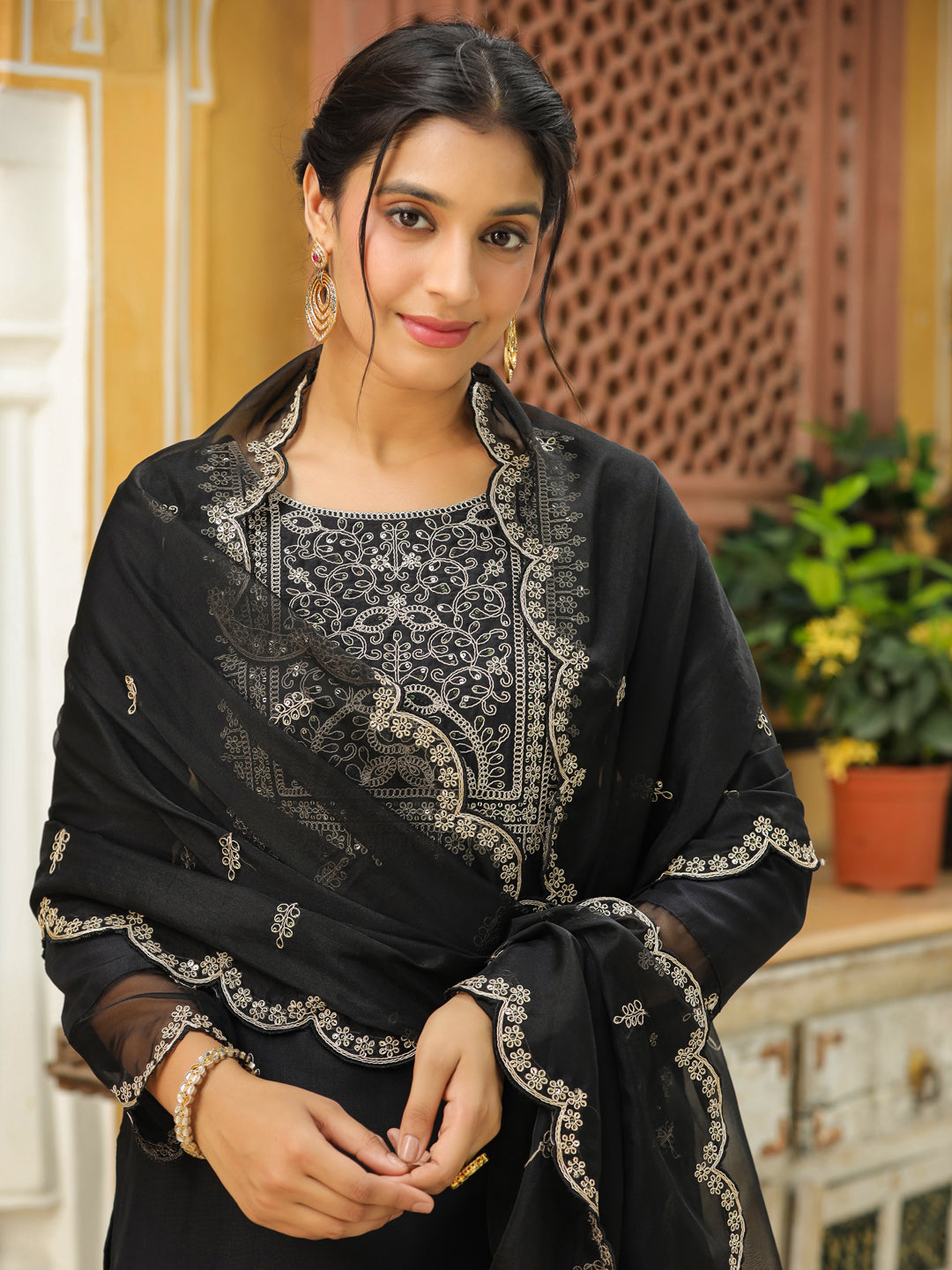 Janasya Black Premium Chinnon Embroidered Kurta,Bottom & Dupatta