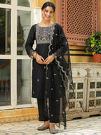 Janasya Black Premium Chinnon Embroidered Kurta,Bottom & Dupatta