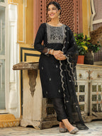 Janasya Black Premium Chinnon Embroidered Kurta,Bottom & Dupatta