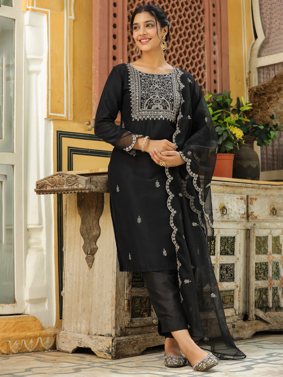 Janasya Black Premium Chinnon Embroidered Kurta,Bottom & Dupatta