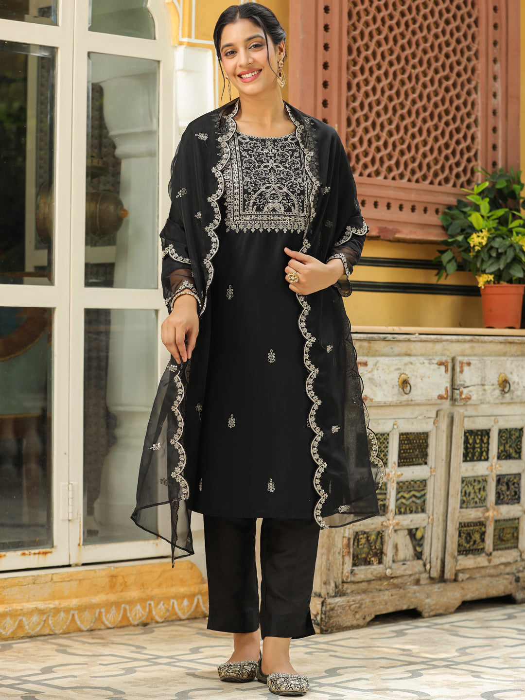 Janasya Black Premium Chinnon Embroidered Kurta,Bottom & Dupatta