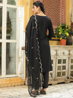 Janasya Black Premium Chinnon Embroidered Kurta,Bottom & Dupatta
