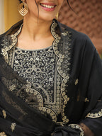 Janasya Black Premium Chinnon Embroidered Kurta,Bottom & Dupatta