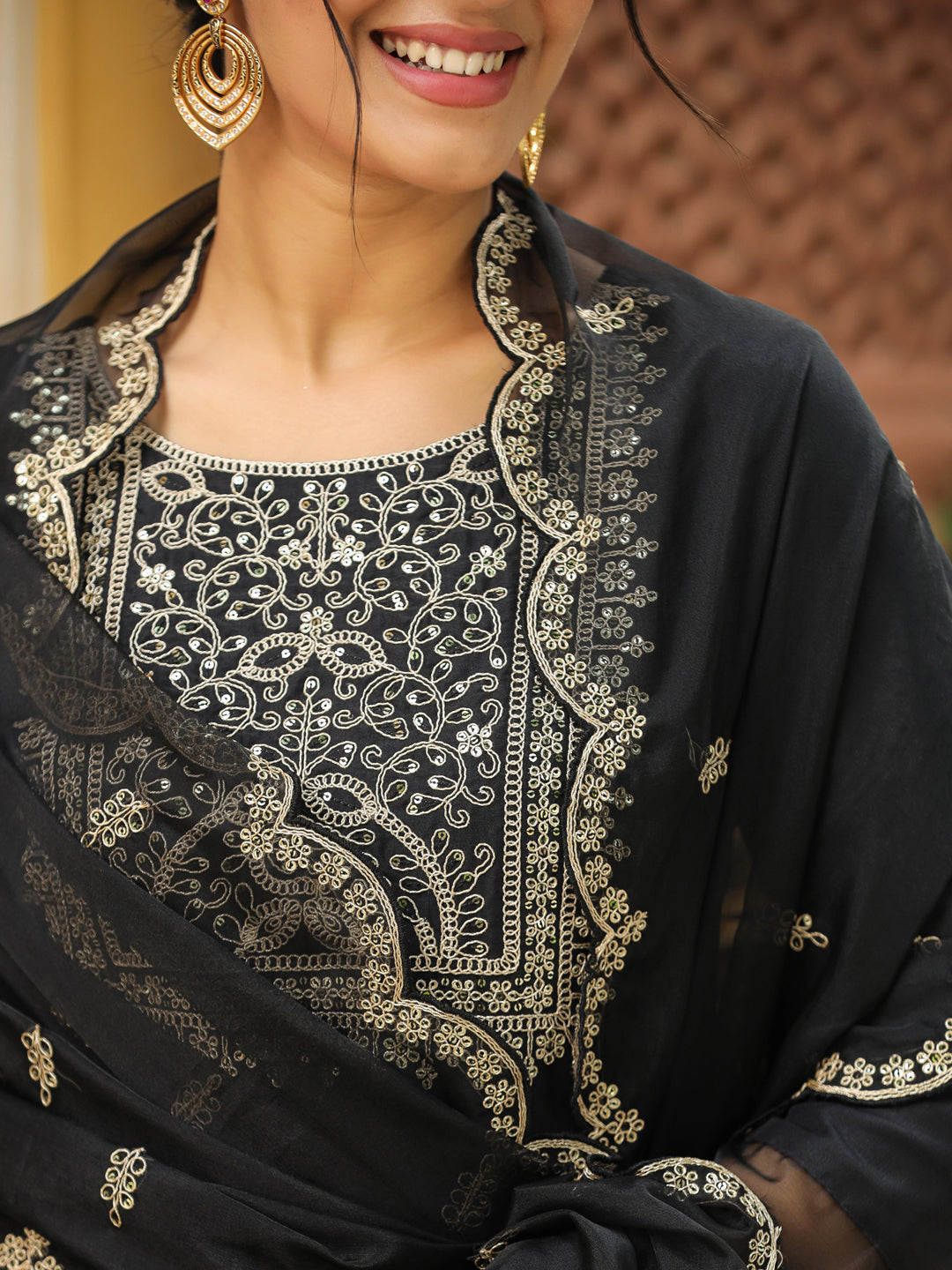 Janasya Black Premium Chinnon Embroidered Kurta,Bottom & Dupatta