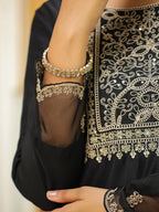 Janasya Black Premium Chinnon Embroidered Kurta,Bottom & Dupatta