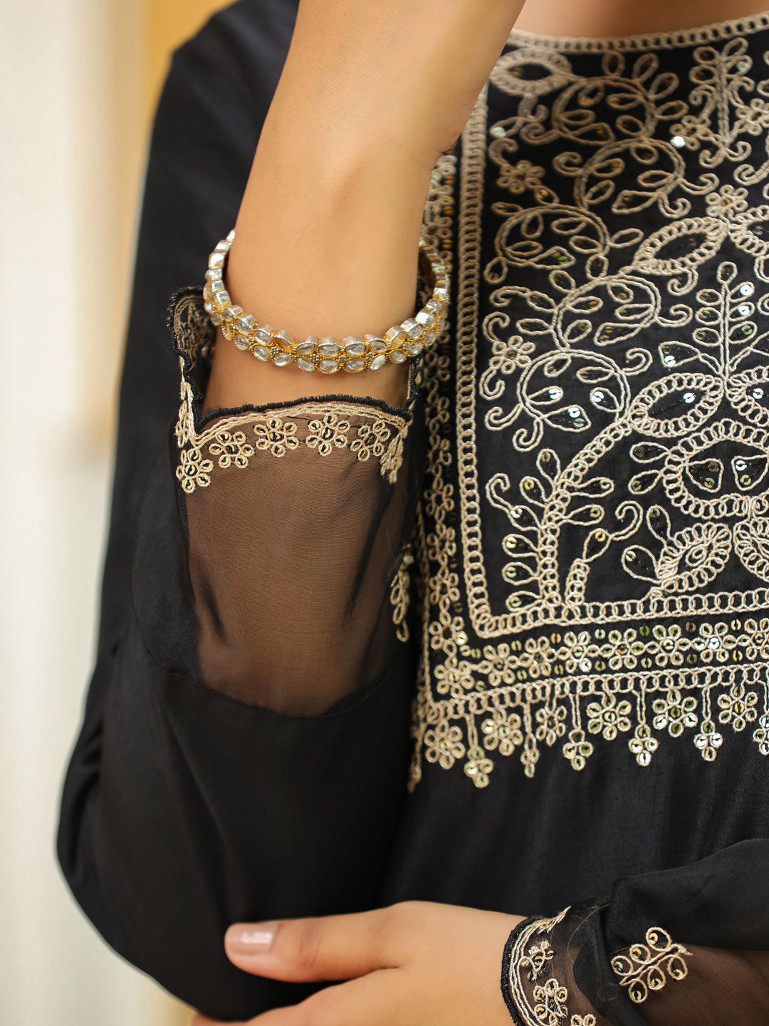 Janasya Black Premium Chinnon Embroidered Kurta,Bottom & Dupatta